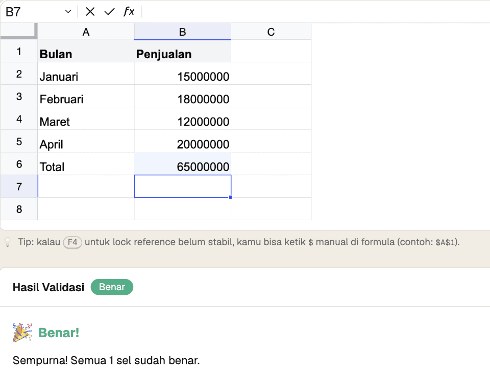 Latihan NgulikSheet: spreadsheet dengan formula SUM tervalidasi benar